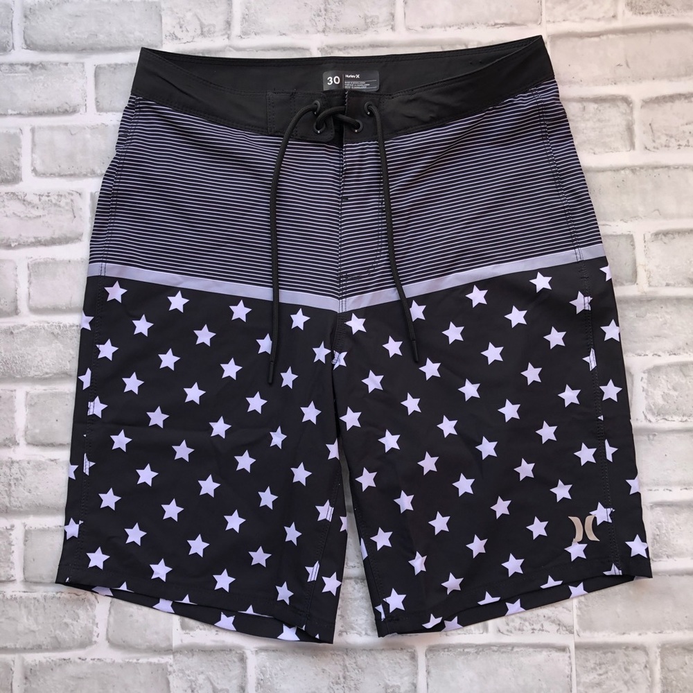Hurley Men's Board Shorts Swim Trunks Sz 30 Black White Star Stripes Stretch